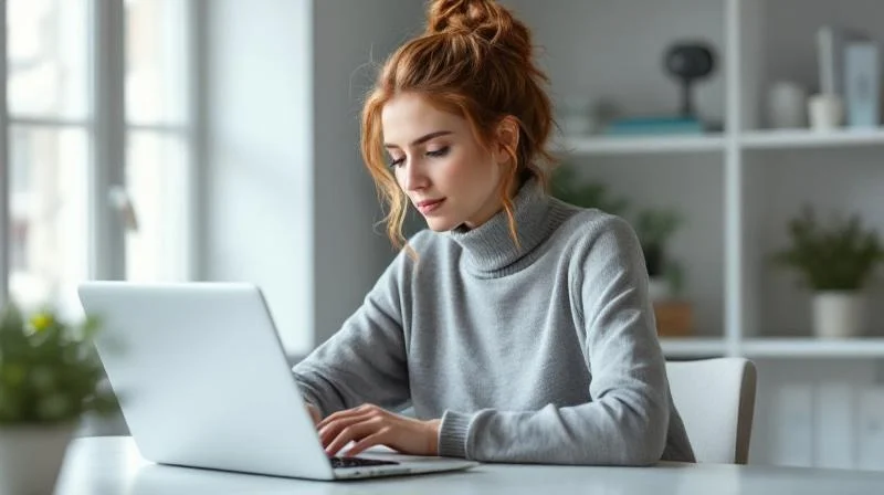 Frau lernt am Laptop in einem hellen Büro in Schwerin