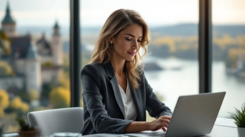 Schweriner Geschäftsführerin im Büro mit Blick auf das Schloss und den Schweriner See